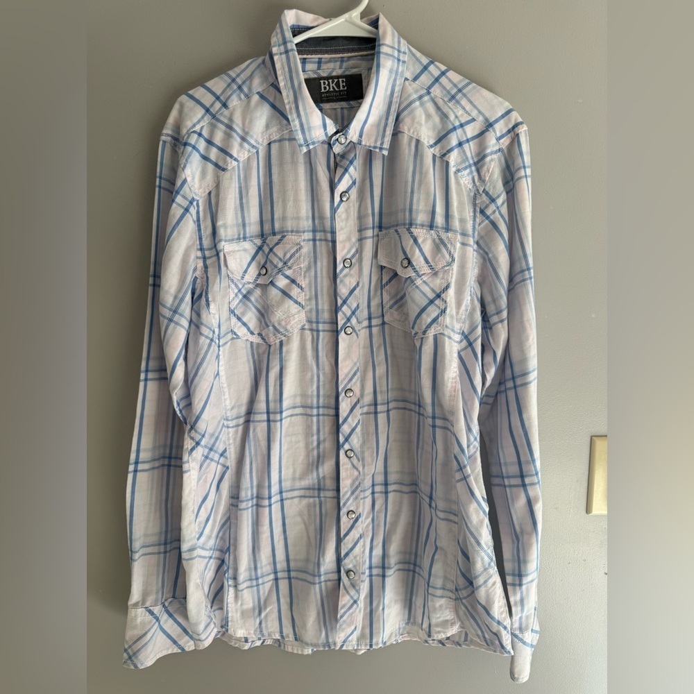 BKE Athletic Fit Marble Pearl Snap Shirt Blue White Plaid Mens SZ L Western
